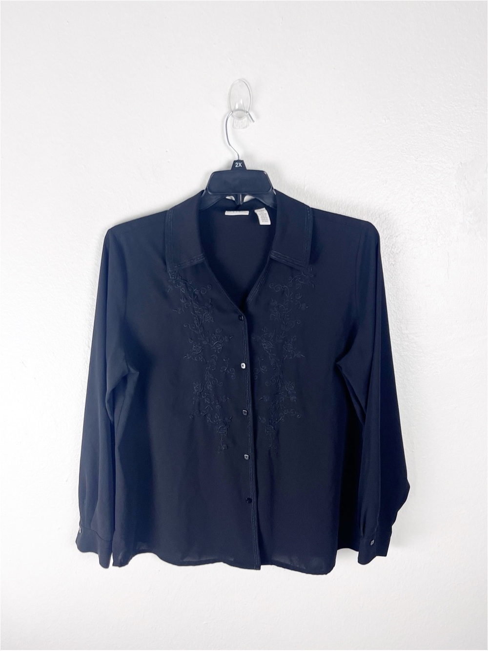 COVINGTON Black Embroidered Long Sleeves Button Sheer Top Large Career Neutral